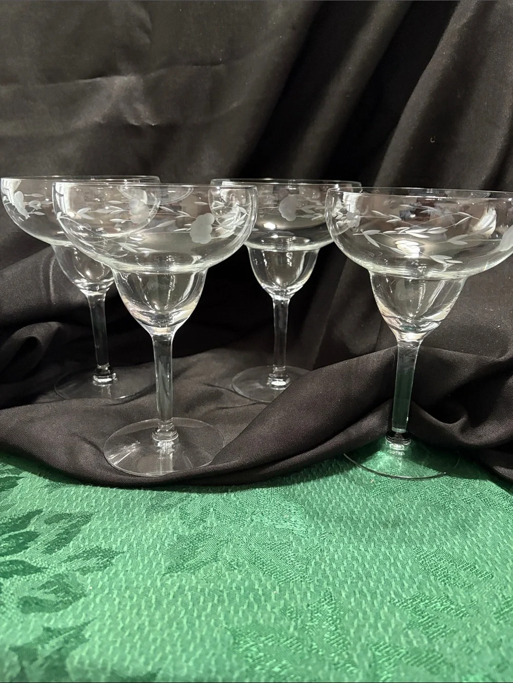 Princess House Heritage crystal margarita glasses featuring an etched floral